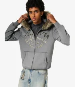 Stylish Faux Fur Trim Zip-Up Hoodie with Logo Graphic