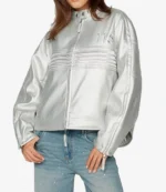 Unisex Chrome Hearts 2025 The Racer Front Zip 115 Embossed Silver Metallic Leather Jacket