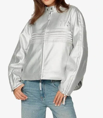 Unisex Chrome Hearts 2025 The Racer Front Zip 115 Embossed Silver Metallic Leather Jacket
