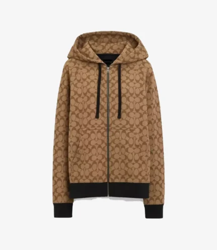 Unisex Coach All Over Signature Full-Zip Brown Hoodie