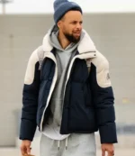 Unisex Dallas Airport Stephen Curry Blue and White Puffer Jacket