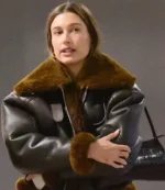 Women's Hailey Bieber Black Shearling Bomber Leather Jacket