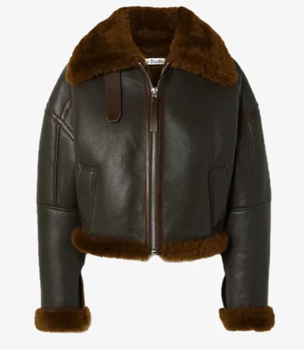 Hailey Bieber Black Shearling Bomber Leather Jacket