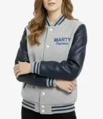 Unisex Marty Supreme Gray and Navy Blue Letterman Leather Sleeve Varsity Jacket