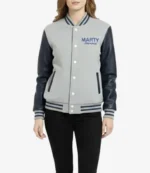 Marty Supreme Gray and Navy Blue Letterman Leather Sleeve Varsity Jacket