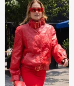 Unisex New York City Rita Ora Red Quilted Leather Jacket