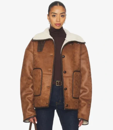 Women's Oversized Shearling Brown Leather Jacket