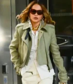 Single Rita Ora Street Style 2025 Green Suede Leather Jacket For Womens