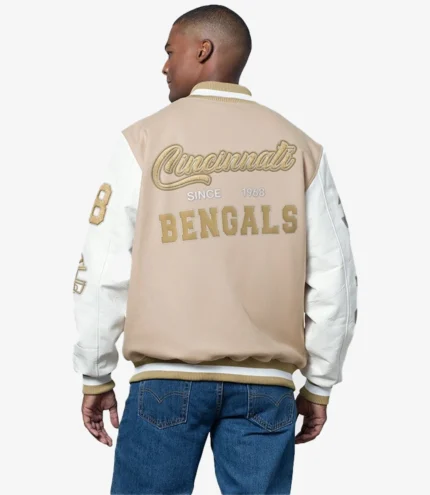Starter Cincinnati Bengals Beige & White Wool Varsity Jacket