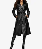 Buy Double-Breasted Button Closure Black Genuine Leather Trench Coat For Unisex