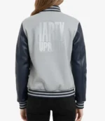 Marty Supreme Gray and Navy Blue Letterman Leather Sleeve Varsity Jacket For Unisex