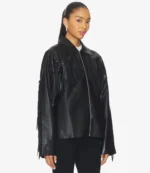 Oversized Black Fringe Leather Jacket For Womens