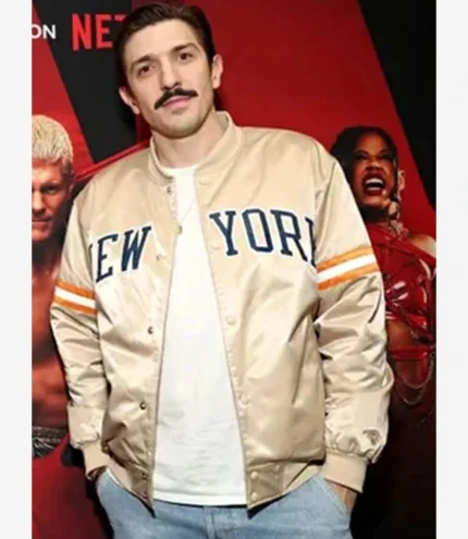 Unisex WWE Raw 2026 Andrew Schulz New York Beige Satin Bomber Jacket