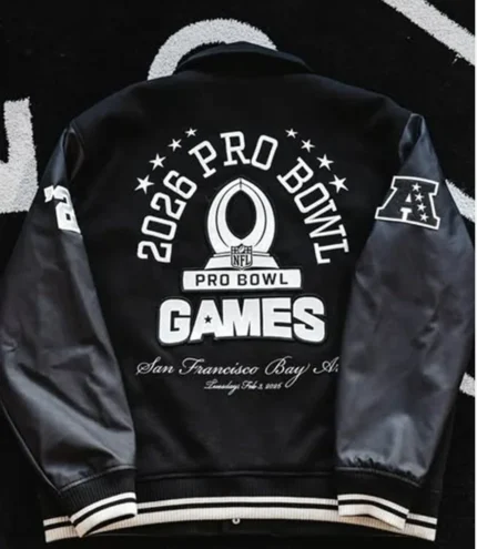 Abercrombie 2026 Pro Bowl Games Black Wool Varsity Jacket with Leather Sleeves