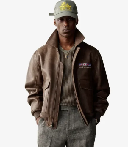 Unisex Aime Leon Dore World’s Borough Brown Leather Flight Bomber Jacket