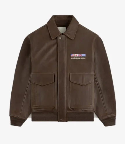 Aime Leon Dore World’s Borough Brown Leather Flight Bomber Jacket