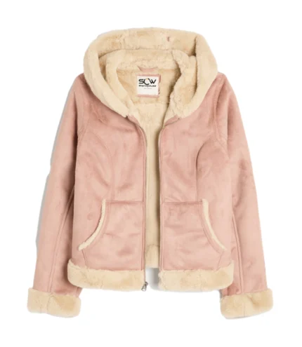 Hollister Faux Fur Lined Faux Shearling Hoodie Pink Jacket
