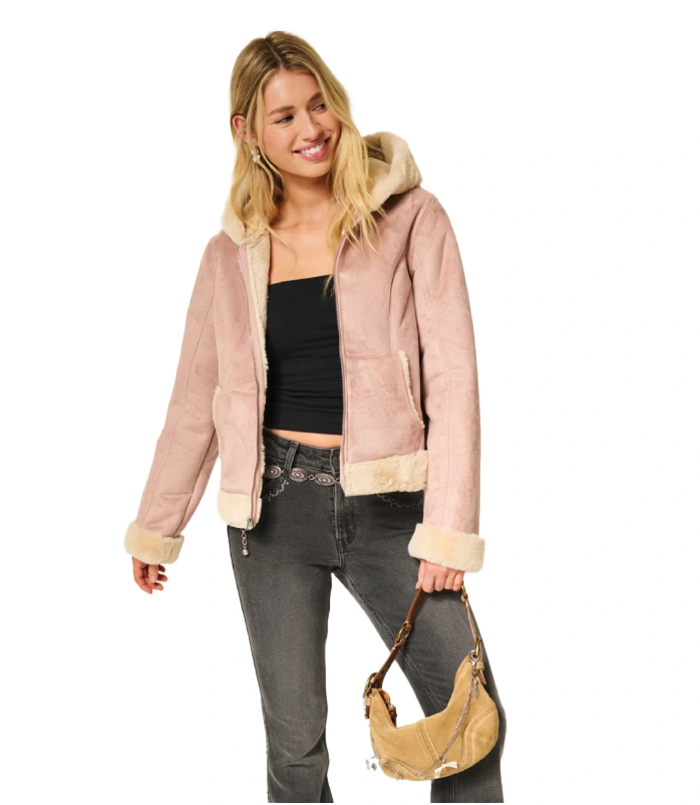 Hollister Faux Fur Lined Faux Shearling Hoodie Pink Jacket Unisex Hollister Faux Fur Lined Faux Shearling Hoodie Pink Jacket