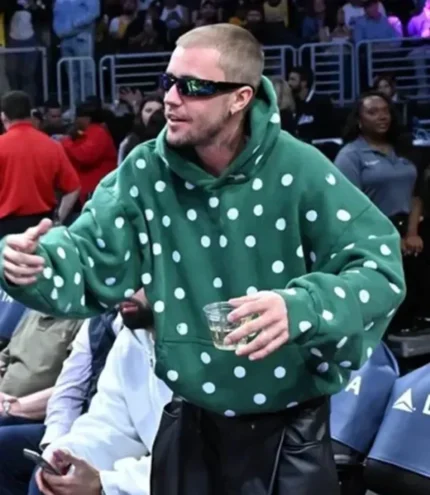 Justin Bieber 2026 Lakers Game Polka Dot Green Fleece Pullover Hoodie