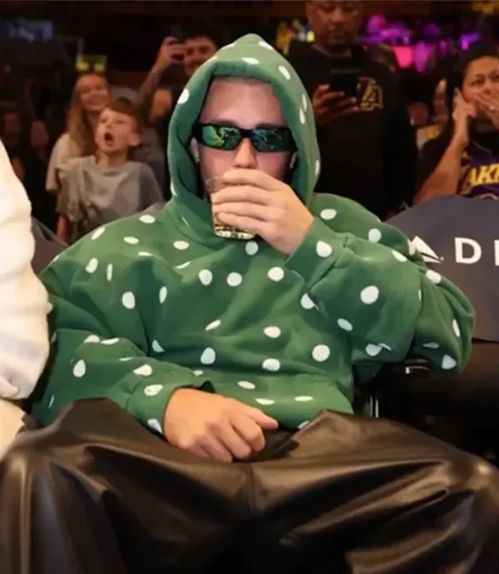 Justin Bieber 2026 Lakers Game Polka Dot Green Fleece Pullover Hoodie Unisex Justin Bieber 2026 Lakers Game Polka Dot Green Fleece Pullover Hoodie