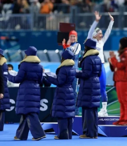 Milano Cortina Paralympic Games 2026 Winter Olympics Victory Ceremony Blue Quilted Puffer Coat