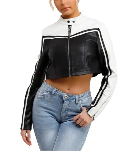 NBA All Star Celebrity Game 2026 Jenna Bandy Cropped Two Tone Leather Jacket