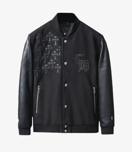 Chrome Cross Letterman Bomber Black Jacket For Unisex