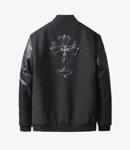 Chrome Cross Letterman Bomber Black Jacket