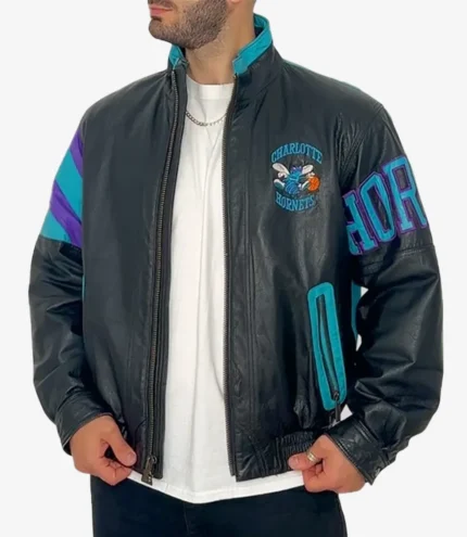 Unisex NBA Team Charlotte Hornets Vintage Black Leather Jacket