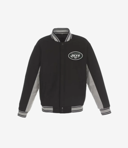 NY Jets Black and Gray Varsity Wool Jacket For Unisex
