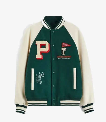 Unisex Snoopy Peanuts Patch Green Varsity Bomber Jacket