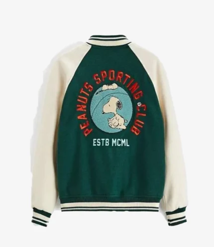 Snoopy Peanuts Patch Green Varsity Bomber Jacket