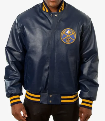 Varsity Denver Nuggets Navy Blue Leather Jacket For Unisex