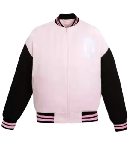 Disneyland Happiness and Imagination Light Pink and Black Varsity Jacket For Unisex