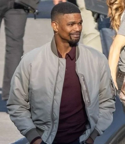 Unisex Jamie Foxx Back in Action 2025 Matt Grey Bomber Jacket