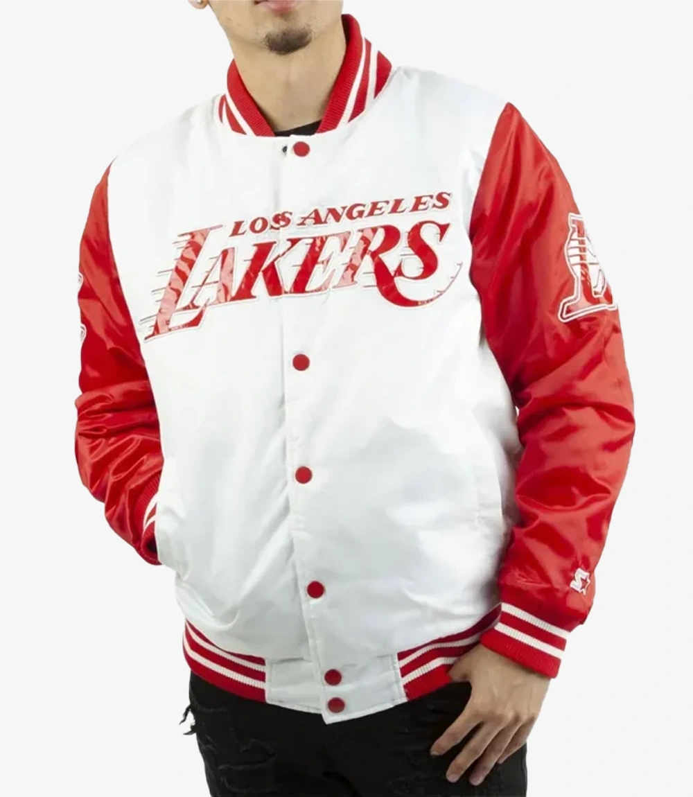 LA Lakers White and Red Satin Jacket LA Lakers White and Red Satin Jacket For Unisex