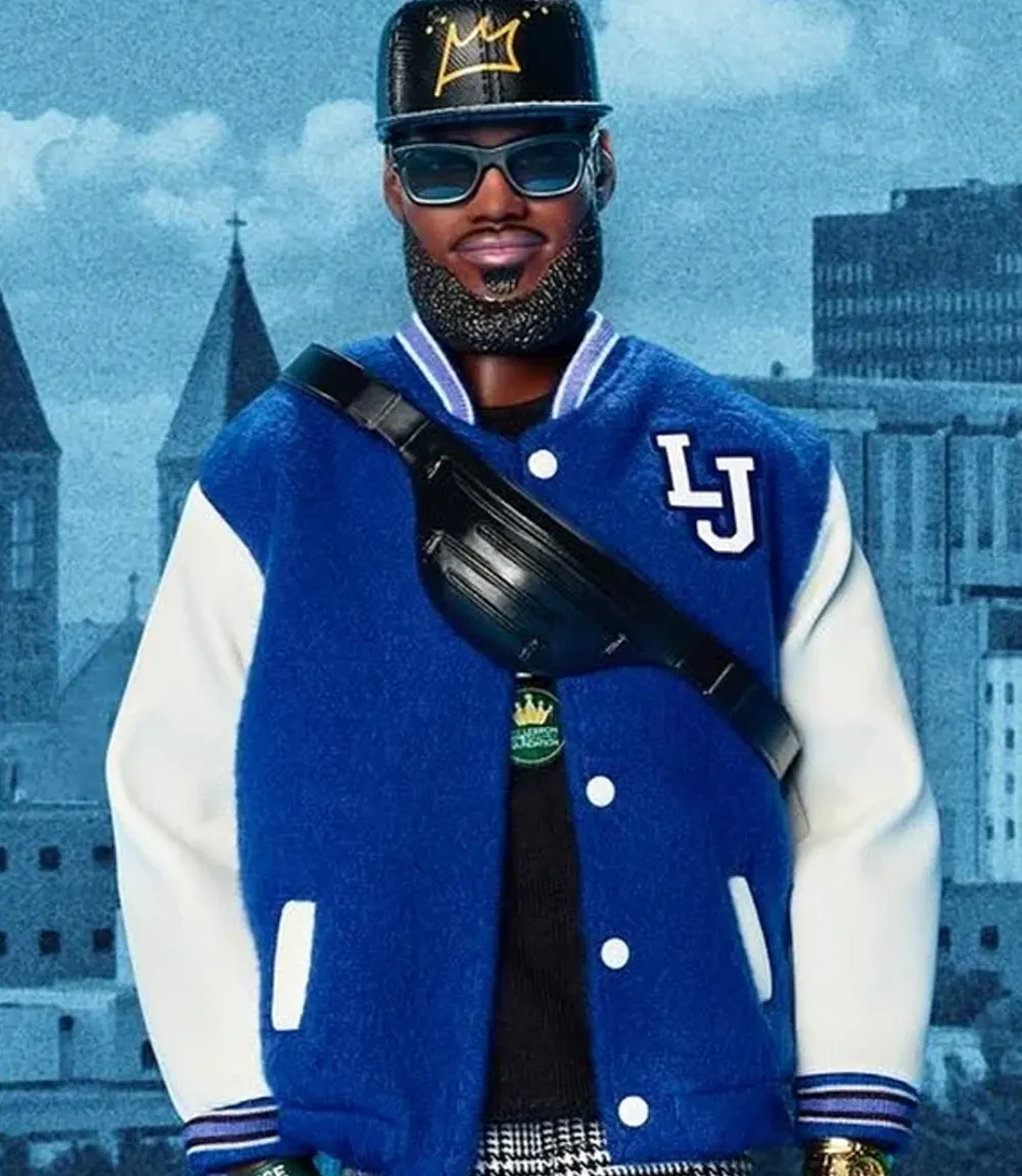 LeBARBIE LeBron James Blue and White Varsity Jacket Unisex LeBARBIE LeBron James Blue and White Varsity Jacket