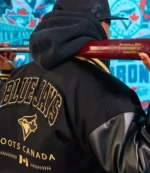 Roots 50th Anniversary Blue Jays Gold Chenille Patches, Toronto Logo, Ribbed Knit Collar Cuffs Hem Black Varsity Jacket