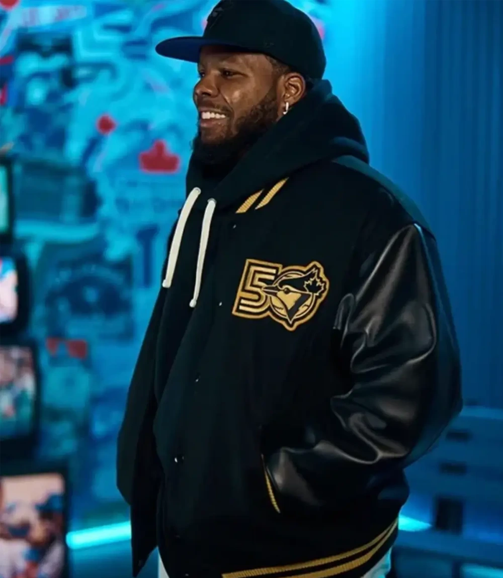 Roots 50th Anniversary Blue Jays Gold Chenille Patches, Toronto Logo, Ribbed Knit Collar Cuffs Hem Black Varsity Jacket Roots 50th Anniversary Blue Jays Gold Chenille Patches, Toronto Logo, Ribbed Knit Collar Cuffs Hem Black Varsity Jacket For Unisex