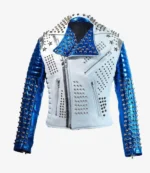 Silver Studded White & Blue Biker Jacket For Unisex
