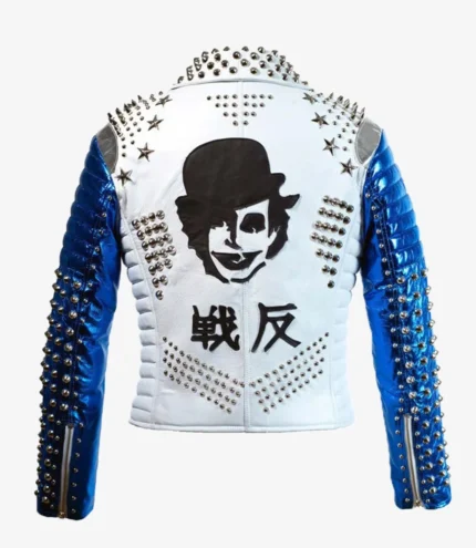 Silver Studded White & Blue Biker Jacket