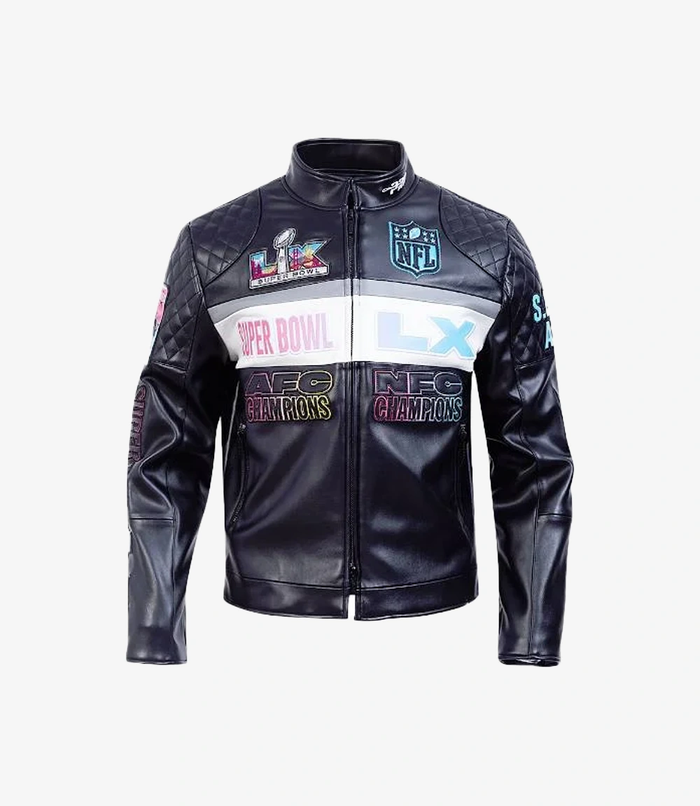 Super Bowl LX Moto Black Leather Jacket Super Bowl LX Moto Black Leather Jacket For Unisex