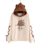 Unisex Trendy Cute Bear Ear Kawaii Beige and White Hoodie