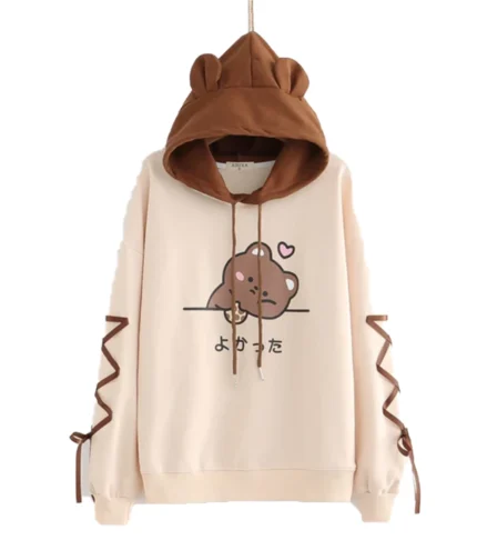Unisex Trendy Cute Bear Ear Kawaii Beige and White Hoodie