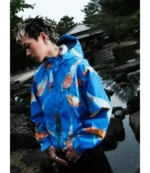 Metra Koi Fish Printed Blue Jacket For Unisex