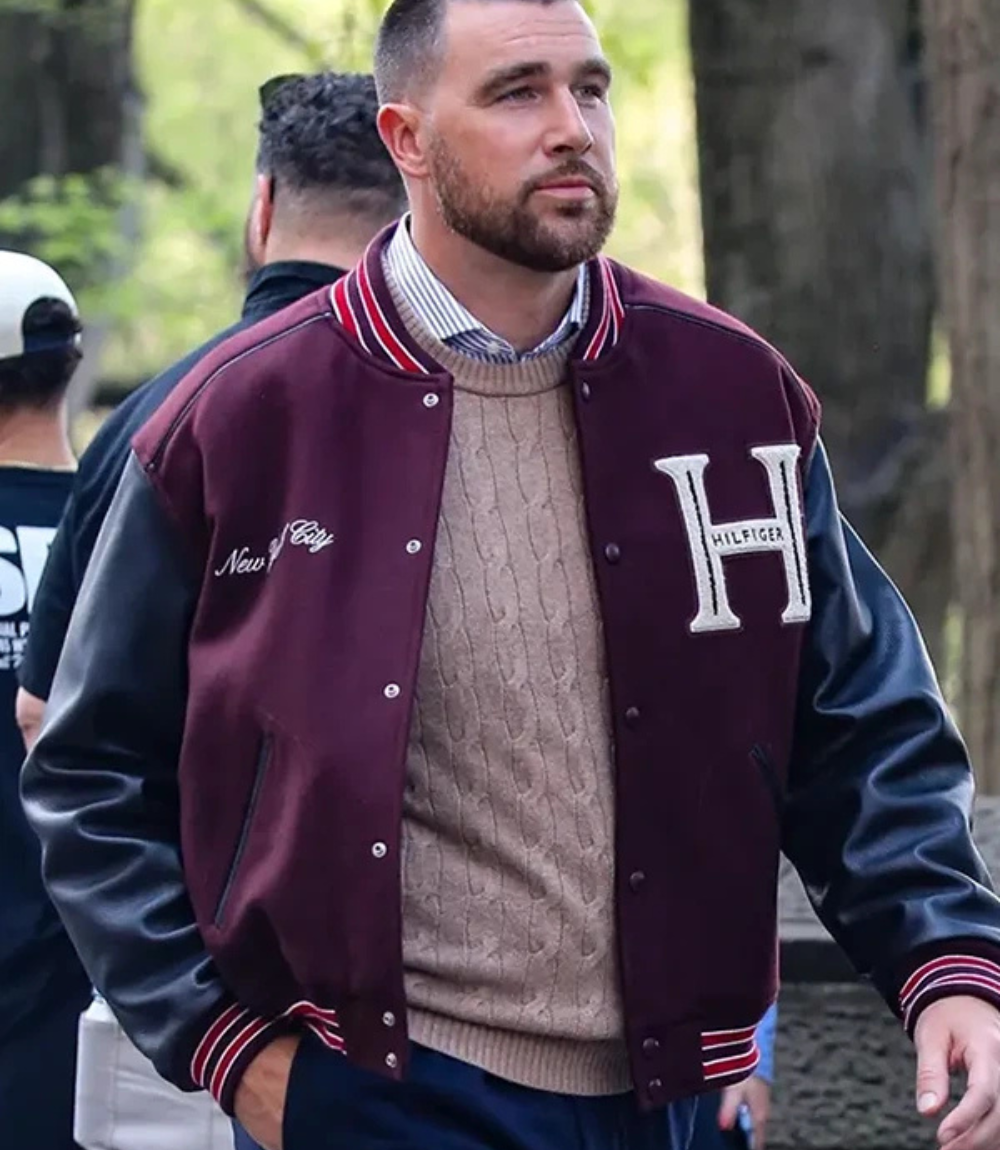 Travis Kelce Tommy Hilfiger Mixed-Media Varsity Jacket 1 Travis Kelce Tommy Hilfiger Mixed-Media Varsity Jacket 1